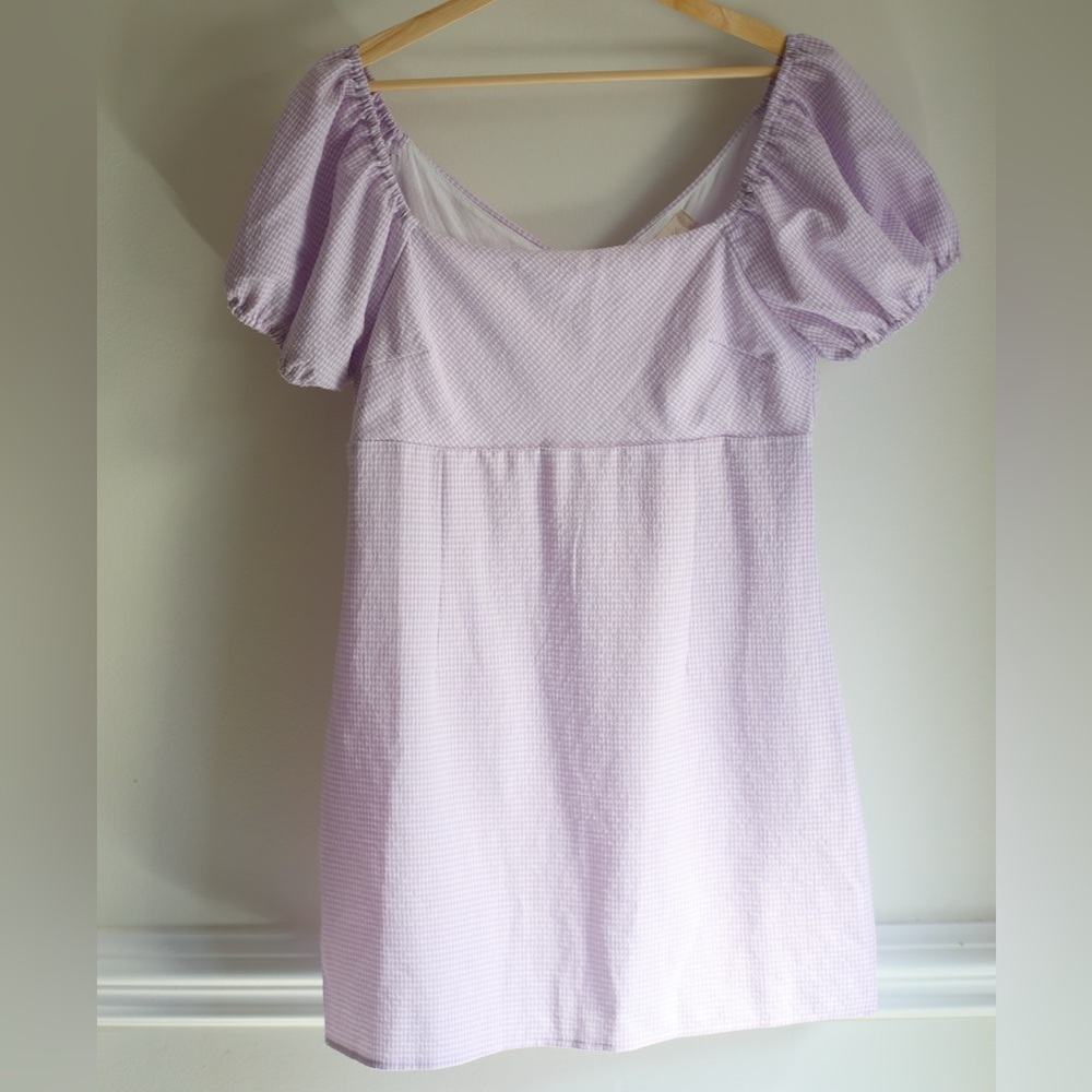 Altar'd State Aldrin Gingham Puff Sleeve Mini Dress Lavender White Purple Large